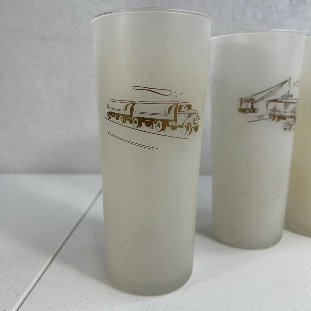 Vintage Rare Lot 6 Glass Frosted White Gold Etching Semi Trailer Crane Big Rig‎